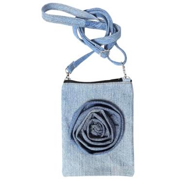 Imagem de Bijoux de Ja Bolsa feminina Upcycling jeans azul tecido rosa decorativa pequena bolsa transversal plana para celular, Jeans azul, Medium