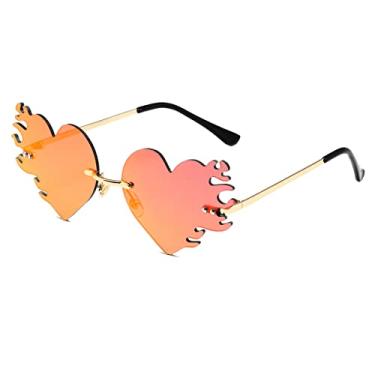 Imagem de JOVAKIT Óculos de sol em forma de coração de fogo para mulheres homens vintage sem aro chama amor óculos de sol retrô rave festa halloween óculos (ouro/vermelho espelhado)