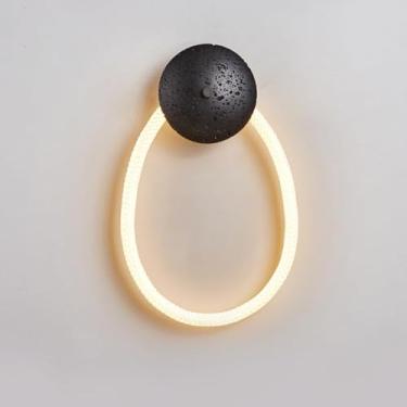 Imagem de Luminária de parede LED estilo Wabi Sabi de cabeceira em formato de anel em travertino para sala de estar, restaurante, loft, cozinha (preto, 1 círculo)