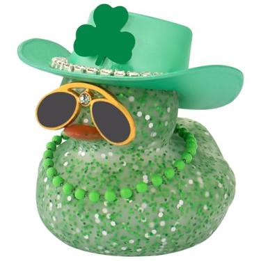 Imagem de wonuu Pato de borracha para carro de Dia de São Patrício, decorações de painel, chapéu de trevos verdes, pato para enfeites de carro, acessórios de patos (chapéu de diamante, corrente verde, pato com