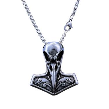 Imagem de Colar de caveira de corvo viking, pingente de corvo Odin de aço inoxidável, martelo nórdico Thor Mjolnir joia de presente para homens, Medium, Aço inoxidável, Sem Pedra Preciosa