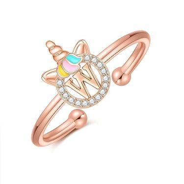 Imagem de CIVOKINA Anéis delicados de unicórnio com inicial para meninas, banhado a ouro 14 quilates/ouro rosa/prata para meninas, lindo anel infantil hipoalergênico, ajustável, com letras para presentes para
