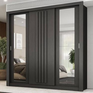 Imagem de Guarda Roupa Casal 3 Portas Doha c/ Espelhos Laterais Carraro Preto Touch