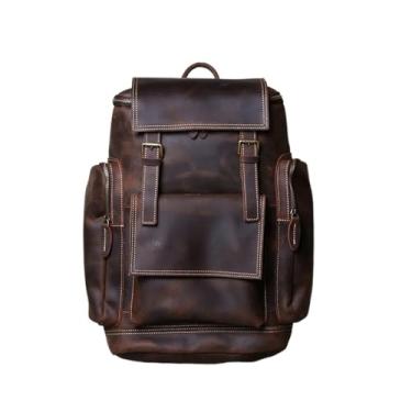 Imagem de Mochila retrô de couro genuíno para homens, mochila de viagem de couro de vaca de grande capacidade para laptop(Dark brown)