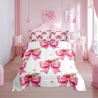 Imagem de Jogo de cama casal com laço de desenho animado, fruta doce cereja para crianças, meninas, rosa, feminino, com laço fofo, bolinhas, enchimento de edredom com 2 fronhas