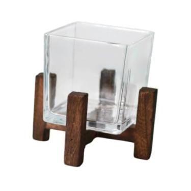 Imagem de FLCPJGV Decoração da peça central do vaso de flores elegante com vaso de vidro de vela base de madeira de madeira para festa de escritório em casa