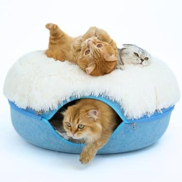 Imagem de CATTASAURUS Peekaboo Caverna de gatos para vários e grandes gatos de até 13,6 a 20 kg, camas fofas para gatos internos, cama de túnel removível e lavável, caverna confortável de donut (azul, grande