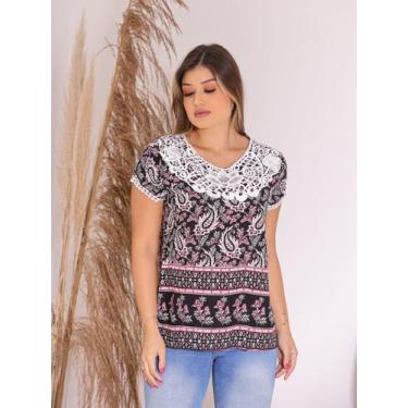 Imagem de Camiseta Blusa Feminina Estampada de Manga Curta com Renda e Viscose P