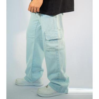 Imagem de Calça Cargo Larga Masculina Streetwear Bolsos Laterais Jeans Modelo Ex