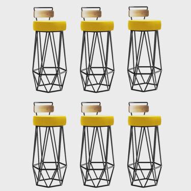 Imagem de Kit 06 Banqueta Com Encosto Botti Hexágono Cozinha Peroba Rosa Ferro Preto Corino Amarelo - Ahz Móveis