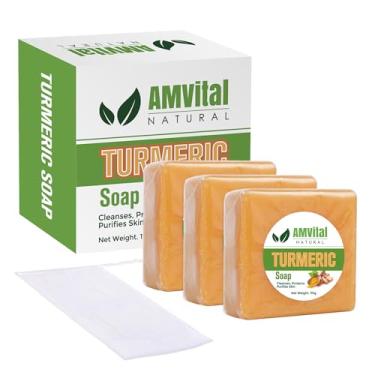 Imagem de AMVital Sabonete em barra de açafrão para rosto e corpo – limpador natural feito à mão, cuidados com a pele com ervas suaves para todos os tipos de pele, sabonete facial e corporal (pacote com 3)