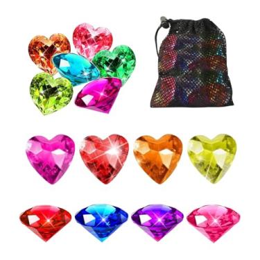 Imagem de GSHLLO 16 peças de pedras preciosas grandes para mergulho na piscina, joias de plástico em forma de coração, pedras preciosas de mergulho com diamante colorido, baú de tesouro pirata, com bolsa de