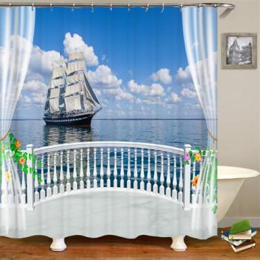 Imagem de Cenário litorâneo Praia Banheiro Cortina de chuveiro Decoração para casa Cortina Anti-mofo Cortinas de chuveiro à prova d'água com gancho, DM4087, L180 x A180 cm