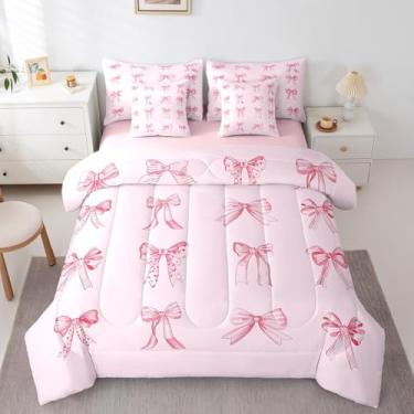 Imagem de Feelyou Conjunto de cama Queen com laço rosa, 7 peças, para meninas, laço rosa, sonhador, cama infantil em uma bolsa, conjunto de cama rosa feminino