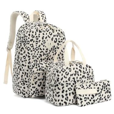 Imagem de Xunteny Mochila escolar de veludo cotelê para meninas e adolescentes, conjunto de mochila escolar com lancheira e bolsa de lápis, Oncinha, veludo cotelê