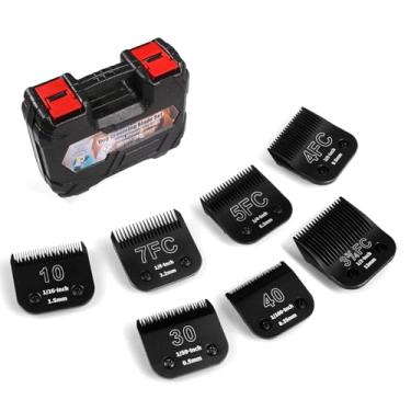 Imagem de YAZIYIR Pacote com 7 lâminas de aço destacáveis para cuidados com cães com suporte de lâmina, compatível com Andis, Oster A5, Wahl série KM-10, comprimento de corte de 1/254.0 cm a 1/5.1 cm (10+30+40+