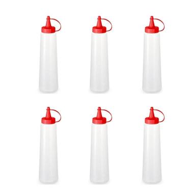 Imagem de Kit 6 Bisnagas para Molhos 400ml Plástica Ketchup Tampa Vermelha Mostarda Maionese Plasvale