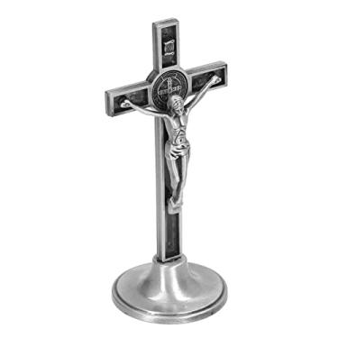 Imagem de Crucifixo de parede de metal feito à mão com cruz católica lindo suporte de mesa removível vertical (prata)