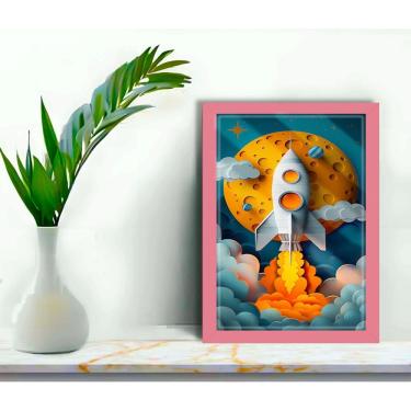 Imagem de Quadro Decorativo Infantil Foguete Espacial + Vidro 33x25