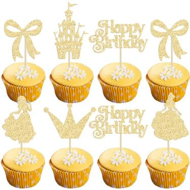 Imagem de Gyufise 24Pcs Frozen Princess Cupcake Toppers Glitter Castle Bowknot Happy Birthday Cake Topper Decorations for Princess Happy Birthday Baby Shower New Year Party Supplies Gold
