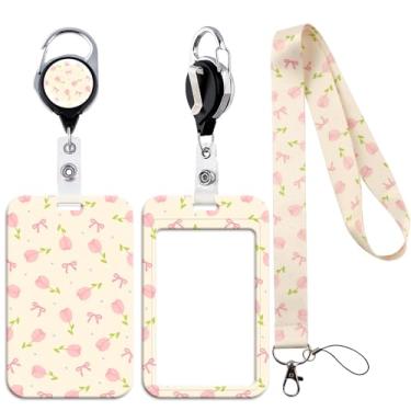 Imagem de Cordão tulipa com suporte de crachá para mulheres, conjunto de clipe retrátil de carretel de crachá - acessório de identificação de escritório fofo para trabalho de professor de enfermeira