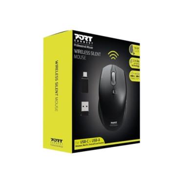 Imagem de Mouse preto sem fio Portdesigns, 3 botões, 2,4 GHz, USB-A e C, clique silencioso