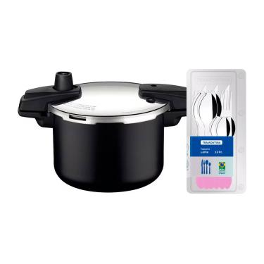 Imagem de Panela de Pressão Tramontina Arizona em Alumínio, Revestimento Starflon Max 4,5L – Preto + Faqueiro 12 Peças Leme com Lâminas em Aço Inox – Lavanda
