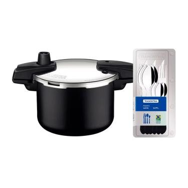 Imagem de Panela de Pressão Tramontina Arizona em Alumínio, Revestimento Starflon Max 4,5L – Preto + Faqueiro 12 Peças Leme com Lâminas em Aço Inox – Preto