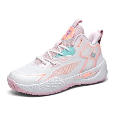 Imagem de Bolognifi Tênis de basquete duráveis ​​de cano alto para homens/mulheres com design elegante de bloqueio de cores Equipamento de basquetebol(Red,34 BR)