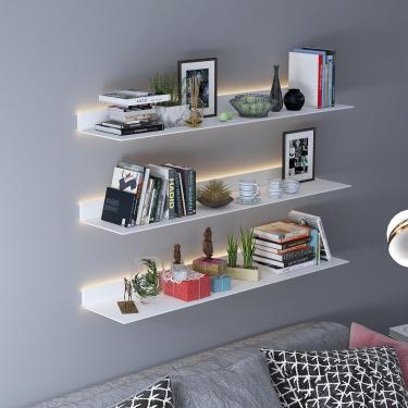 Imagem de Prateleiras de livros flutuantes de metal com luz LED iluminada embutida, montagem de parede moderna não possui prateleira, organizador de decoração de armazenamento flutuante, prateleira de