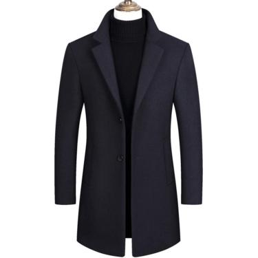 Imagem de Casacos de lã longos de lã de gola giratória de lã casual casual sobretudo masculino de gaiola slim fit fit, azul escuro, 3xl