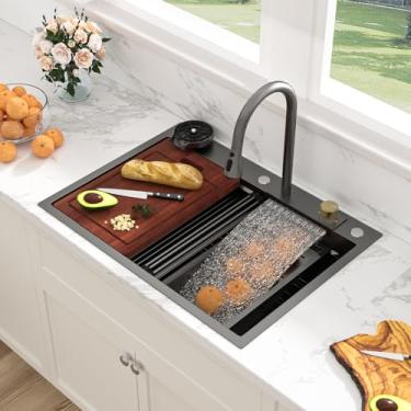Imagem de Sarlai Pia de cozinha preta em cascata - pia de estação de trabalho em cascata preta, 71 x 55 cm, pia de aço inoxidável, multifunções, tigela única, montagem superior inteligente, pias de cozinha com