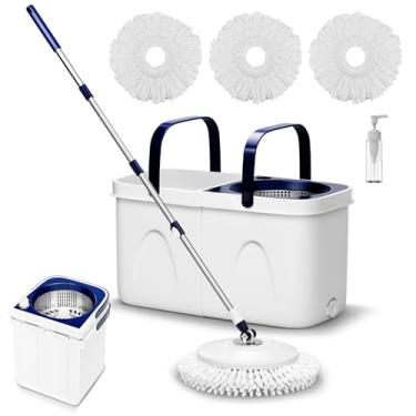 Imagem de KZKR Conjunto De Esfregão Giratório E Balde Com Espremedor, Sistema Separado Para Água Limpa Suja, Rotação 180°, 3 Cabeças Almofada Substituição Microfibra, Empilhável, Alça Ajustável Limpeza Pisos