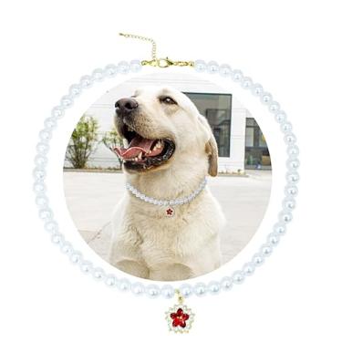 Imagem de SM4BED Colar de pérolas com coleira de cachorro, contas brancas com lindo diamante vermelho brilhante, joia ajustável para animais de estimação para cães grandes, 2GG 51 cm