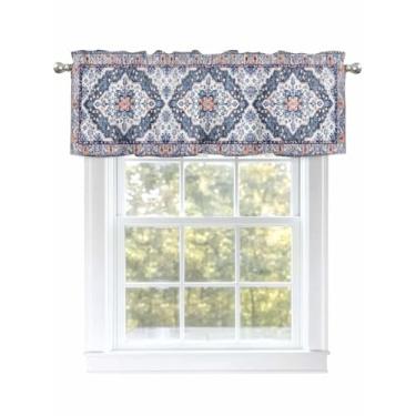 Imagem de Cortina de janela estilo étnico retrô cortinas de cozinha sanefas bolso boho, flores azuis, tratamento de janela, cortinas curtas para cozinha, banheiro, sala de estar, 1 painel, 137 x 45 cm