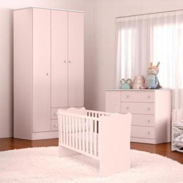 Imagem de Berço Doce Sonho Rosa Acetinado + Cômoda Sapateira 4G + Guarda-Roupa 3