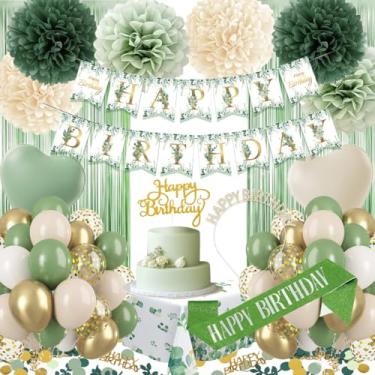 Imagem de Conjunto de decorações de aniversário, decoração de festa verde sálvia com balões verdes sálvia, bandeira, pompons, fundo de cortina de franja, coroa de aniversário, alça de ombro para meninas e