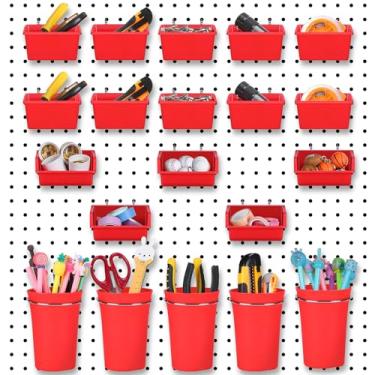 Imagem de Pacote com 20 copos de pegboard, conjunto de caixas de pegboard, organizador de parede com ganchos e laços, acessórios organizadores sortidos de ganchos para garagem artesanato oficina armazenamento de escritório (vermelho)
