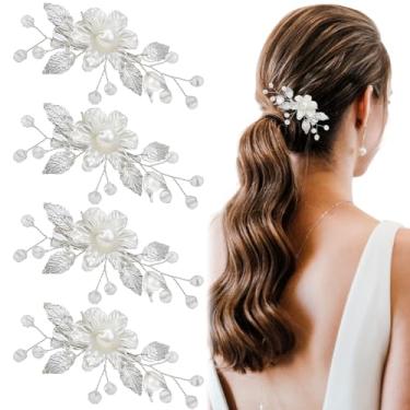 Imagem de 4 peças de acessórios de cabelo floral, clipes de flores brancas, folha de prata, acessório de cabelo floral para meninas