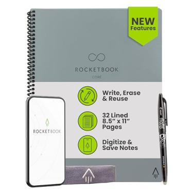 Imagem de Rocketbook Caderno espiral reutilizável New Core, tamanho carta 21 x 28, cinza - páginas forradas, conectadas ao aplicativo, apagável, capa durável, ideal para escola, trabalho e projetos criativos