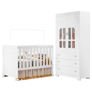 Imagem de Jogo de Quarto Infantil New Katatau Guarda Roupa e Berço Mini Cama - Reller Móveis Branco Fosco