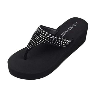 Imagem de AIMONE_Muriel sandálias femininas de dedo com salto com strass anabela para praia com cintilação, Preto, 6