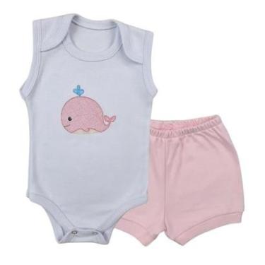 Imagem de Conjunto Body Regata Bordado Baleia e Short Tapa Fralda - Roupa Bebê Menina-Feminino