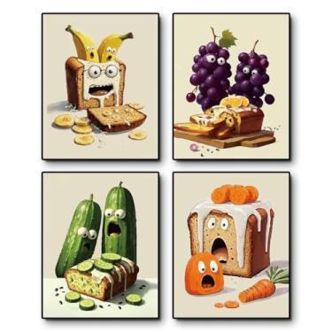 Imagem de QPOKLAF Arte de parede de cozinha engraçada impressões em tela pôsteres de arte de comida, decorações de arte de pão, decoração de parede de sala de jantar, estética conjunto de 4 (20 x 25 cm, sem