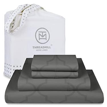 Imagem de Jogo de cama Threadmill Home Linen 300 fios 100% algodão, roupa de cama de luxo, conjunto de 4 peças, lençóis de cama, trama de cetim suave, king, branco, Tradition Dark Grey, Queen
