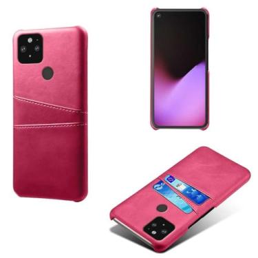Imagem de Capas Compatível com Google Pixel 5,Caso de couro PU-Tampa de telefone a prova de choque com 2 slots de cartão,Proteção anti-impressão digital e anti-gota-Rose Red
