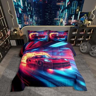 Imagem de Erosebridal Jogo de cama casal de carro de corrida vermelho, 3 peças, esportes radicais, para meninos, crianças, adolescentes, meninas, com design chama, confortável e macio, azul, preto e vermelho