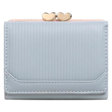 Imagem de Carteira feminina pequena de couro genuíno dobrável com bloqueio de RFID, linda compacta com bolso para moedas, Azul, Vintage