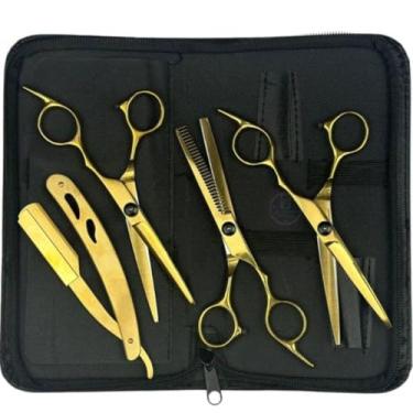Imagem de Kit Barbeiro 3 Tesouras Fio Navalha Desfiadeira Profissionais para Cabeleireiro(Dourado)