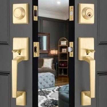 Imagem de EHOMEWARE Conjunto de maçaneta de porta frontal dupla, fechadura externa de latão acetinado, maçaneta da porta frontal e fechadura de cilindro único, ferragens de porta resistentes